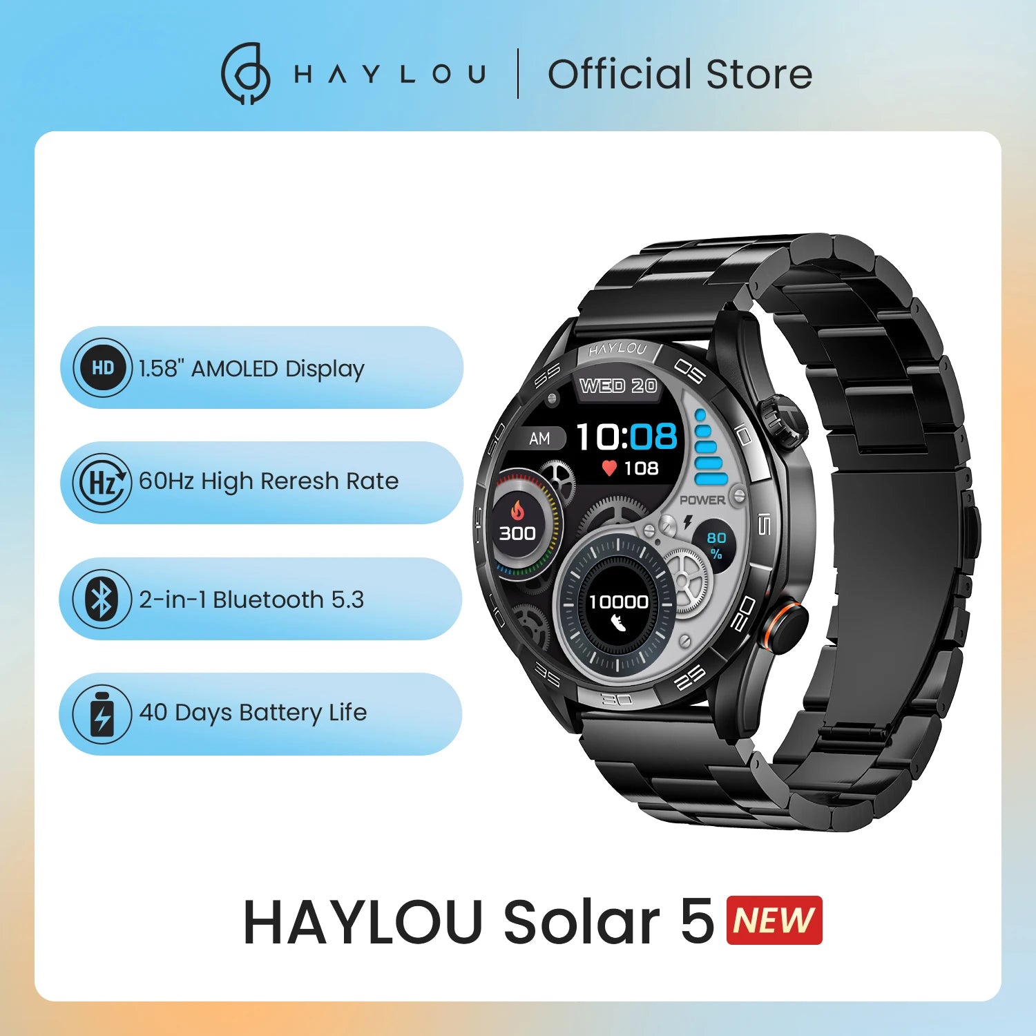 HAYLOU Solar 5 Smartwatch – 1.58" AMOLED, Voice Call, Health Tracker