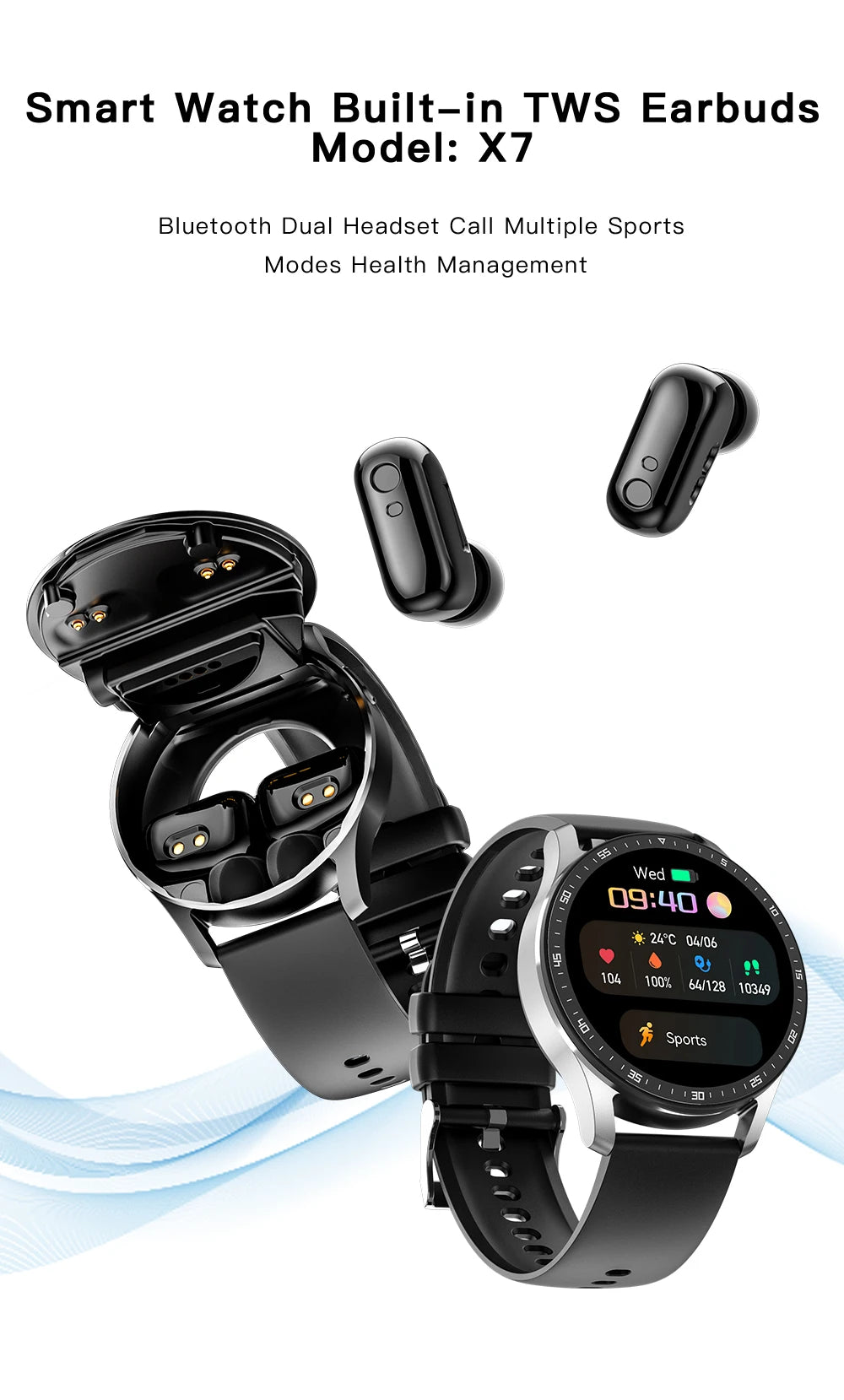 X7 2-in-1 Smartwatch with TWS Earbuds – Fitness & Health Tracker